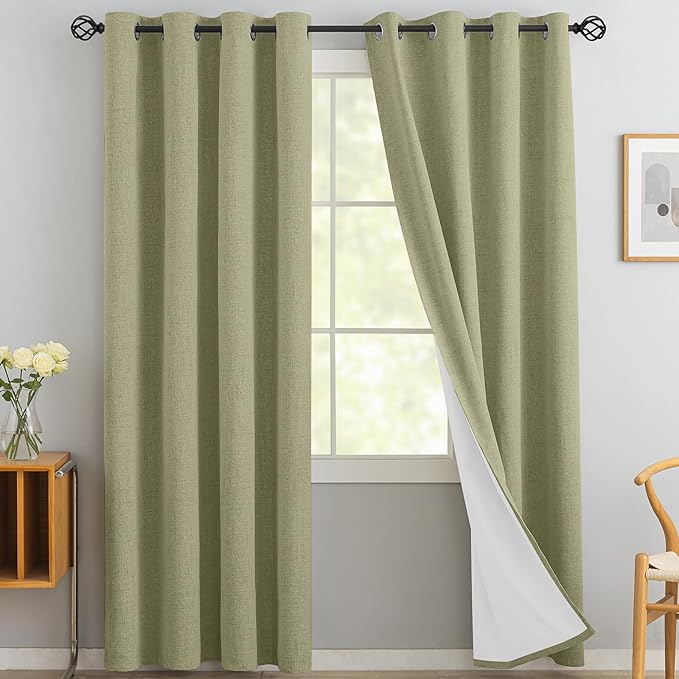 Yakamok Linen Sage Curtains 100% Blackout 84 Inches Long, Room Darkening by Yakamok
