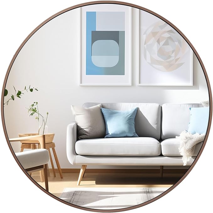 28 inch Round Bronze Mirror, Brushed Metal Framed Circle Wall Mirror for Bathroom Vanity, Bedroom Decor, Living Room, Entryway