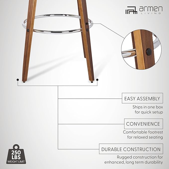 Armen Living Sonia 30" Bar Height Swivel Cream Faux Leather and Walnut Wood Bar Stool
