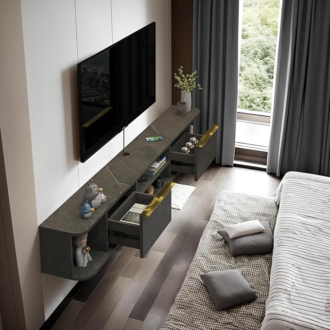Pmnianhua Floating TV Stand with 2 Drawers,70'' Wall Mounted Floating TV Shelf,Floating Shelf for Under TV,Floating TV Unit with Cabinets for Bedroom Living Room(Grey)