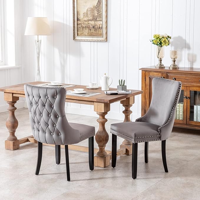 PacknWood Acosure Set of 2 Velvet Upholstered Wing-Back Dining Chair with Backstitching Nailhead Trim,Exquisite Furniture Stool W/Wood Legs,for Kitchen,Sitting Room,Gray