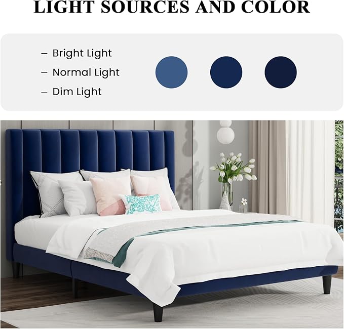 SHA CERLIN Full Bed Frame/Velvet Upholstered Platform Bed Frame with Headboard/Strong Wood Slats Support/Mattress Foundation/No Box Spring Needed - Dark Blue