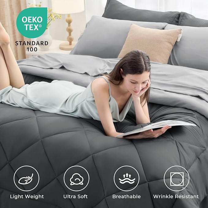HEVUMYI King Comforter Set - 7-Piece All Season Bed in a Bag King, Ultra Soft Bedding Set with Comforter, Flat Sheet, Fitted Sheet, Pillowcases, Pillow Shams, Dark Grey & Light Grey
