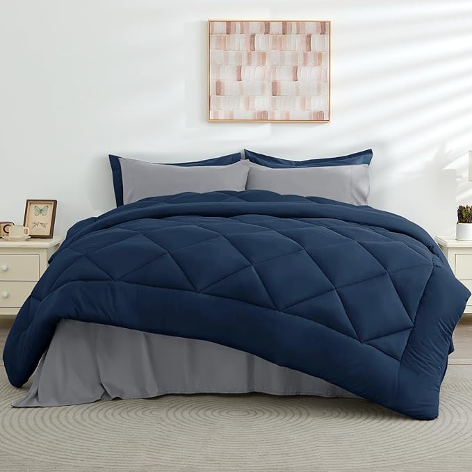 HEVUMYI Twin Comforter Set - 5-Piece All Season Bed in a Bag Twin, Ultra Soft Bedding Set with Comforter, Flat Sheet, Fitted Sheet, Pillowcases, Pillow Shams, Navy Blue & Light Grey