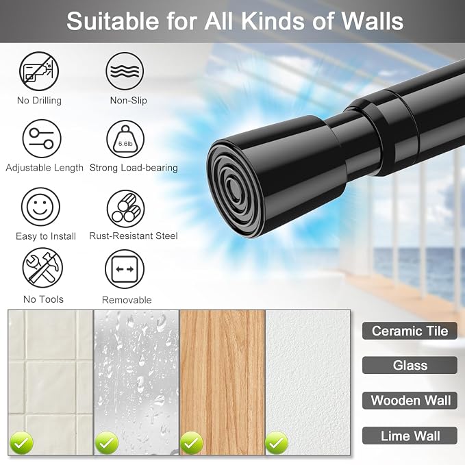 AIZESI Black Spring Tension Rods Adjustable 26 to 39 Tension Curtain Rod Small - Image 2