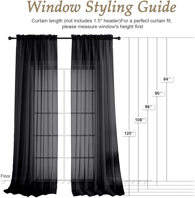 OVZME Black Sheer Curtains 84 Inches Long 2 Panels Set, Light Filtering Sheer - Image 2