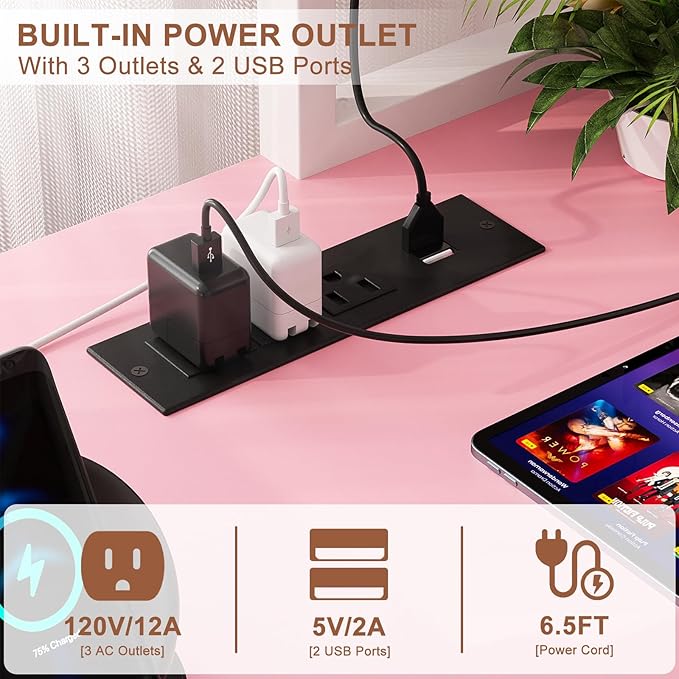 Aheaplus L Shaped Desk Gaming Desk, 59" L Shaped Computer Desk with LED Light & Power Outlet, Reversible Home Office Desk Gamer Desks with Shelves & Storage Bag & Hooks, Corner PC Desk, Pink