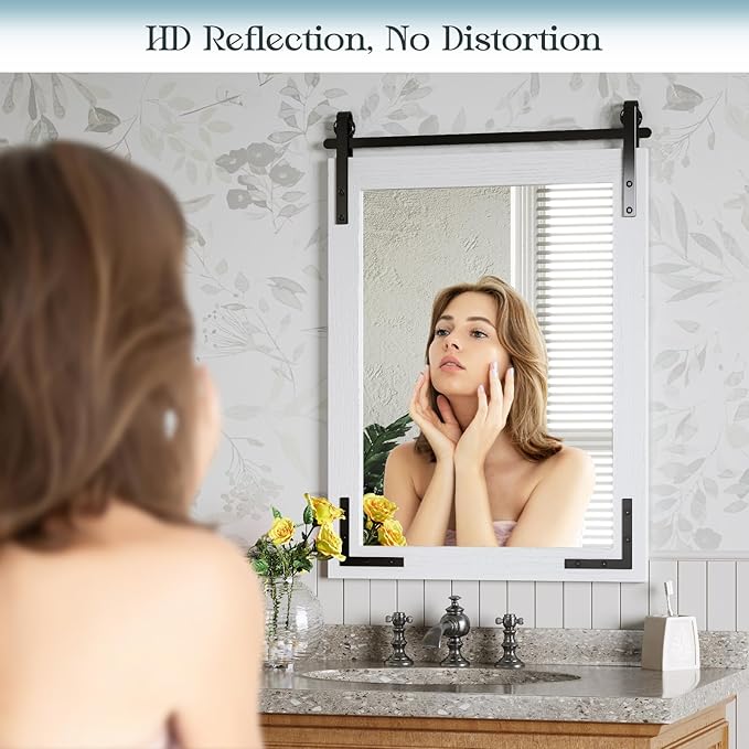 22x30 Inch Farmhouse Bathroom Mirror, White Vanity Rustic Mirror with Wood Frame, Rectangle Wall Decorative Mirrors for Entryway, Living Room, Bedroom