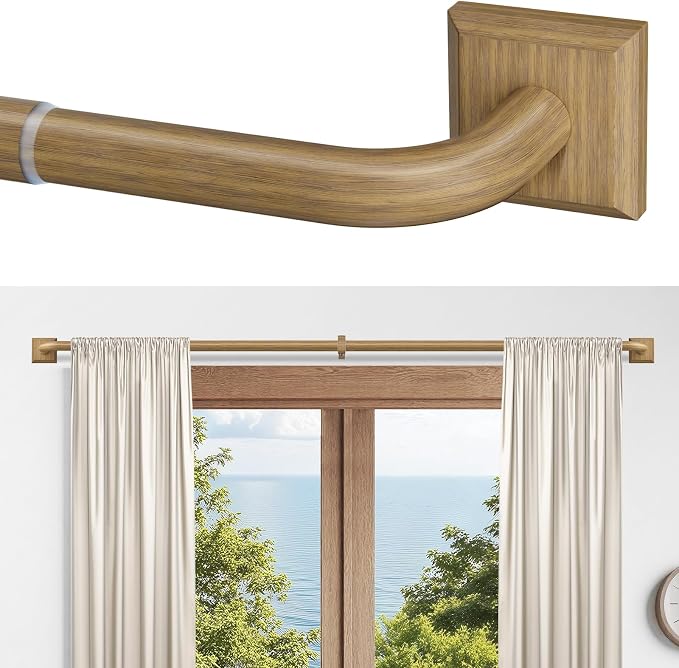 Boho Wood Grain Curtain Rods for Windows 66-120Inch Heavy Duty Wrap Around by RBYCOS