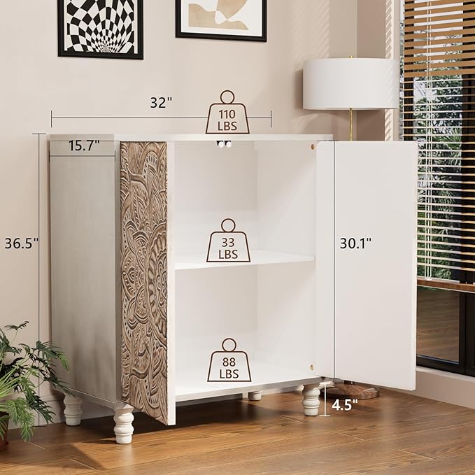 COSIEST Set of 2 32" Buffet Sideboard Cabinets with Storage, Accent Cabinet with Push-to-Open Doors, Vintage Lotus Carved Pinewood Doors, Entryway Console for Living Room, Kitchen, Hallway, Gray