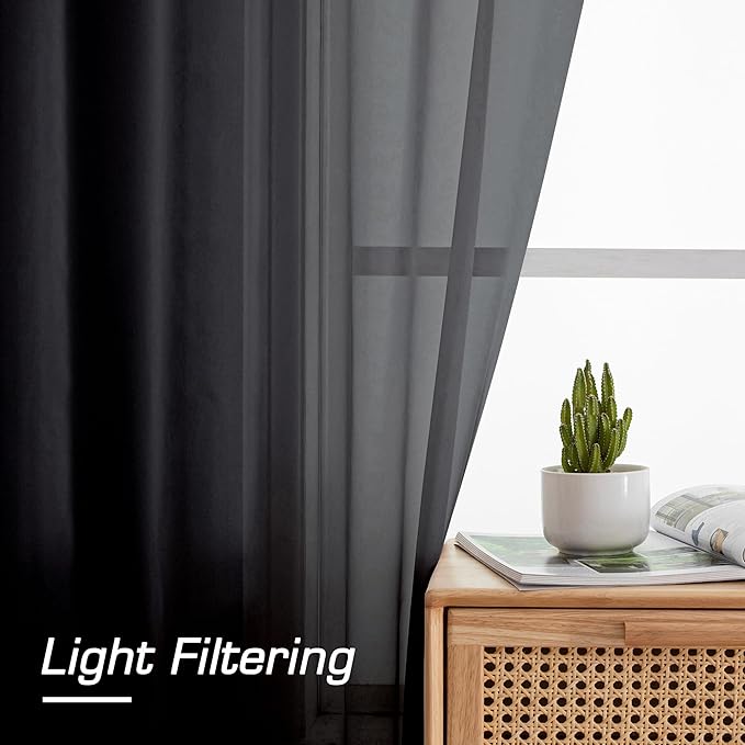Simplebrand Black Sheer Curtains 63 Inch Length 2 Panels, Rod Pocket Solid - Image 3