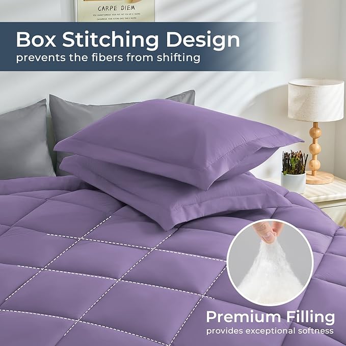 HEVUMYI Twin-XL Comforter Set - 5-Piece All Season Bed in a Bag Twin-XL, Ultra Soft Bedding Set with Comforter, Flat Sheet, Fitted Sheet, Pillowcases, Pillow Shams, Purple & Light Grey