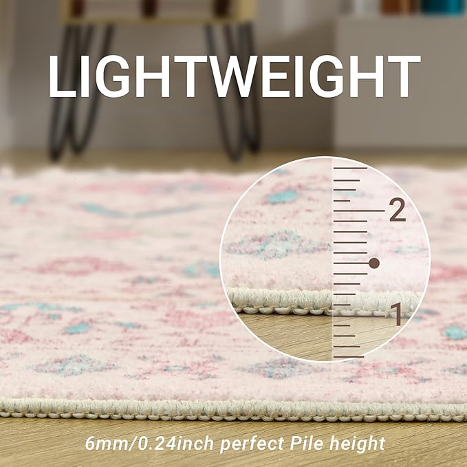 zesthome 9x12 Area Rugs for Girls Bedroom, Low Pile Machine Washable Rugs, Vintage Large Pink Rugs, Stain Resistant Nursery Room Rug, Baby Crawling Rug (Pink/Blue,9'x12')