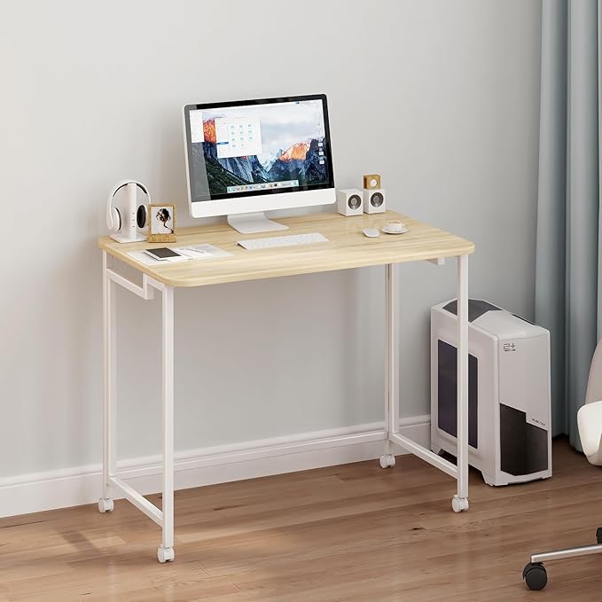 JSB Small Folding Computer Desk with Storage Bag and Hook Writing Modern Industrial Work Table Laptop for Home Office White (Natural & White, 27.6")