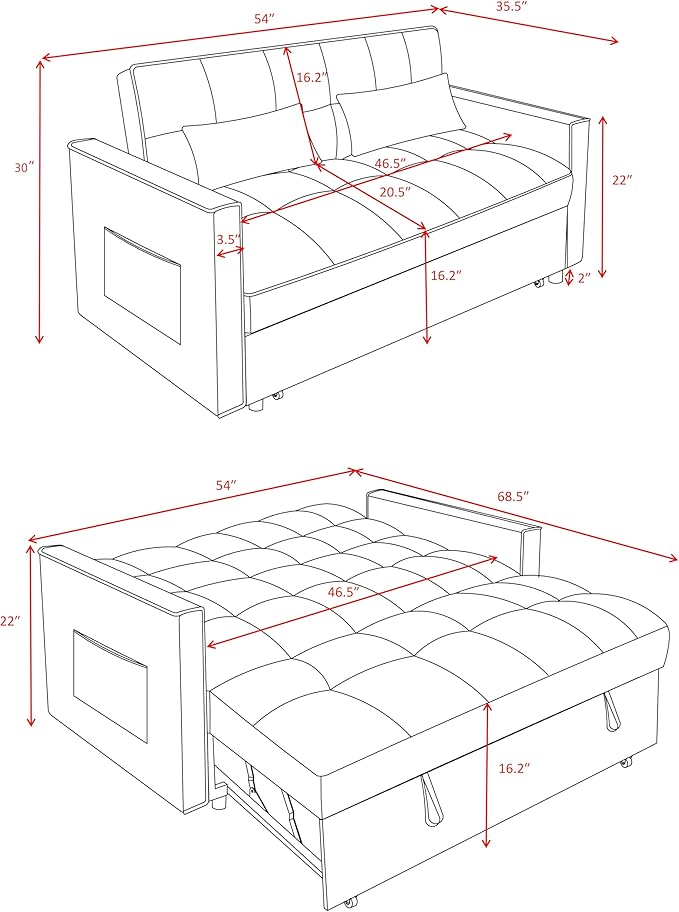 3 in1 Sofa Bed, Pull-Out Sleeper Sofa Bed with 3-Level Adjustable Backrest, Velvet Fabric Convertible Love Seat Sleepers Beds for Living Room & Bedroom & Apartment, Pink