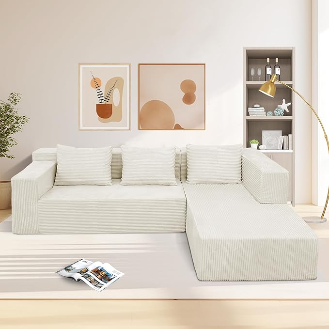 ANONER 103" Cloud Sectional Couch with Deep Seat, Modern Modular Boneless Couch L-Shape Upholstered Sofa with Chaise, Free Combination Corduroy Couches for Living Room, Beige
