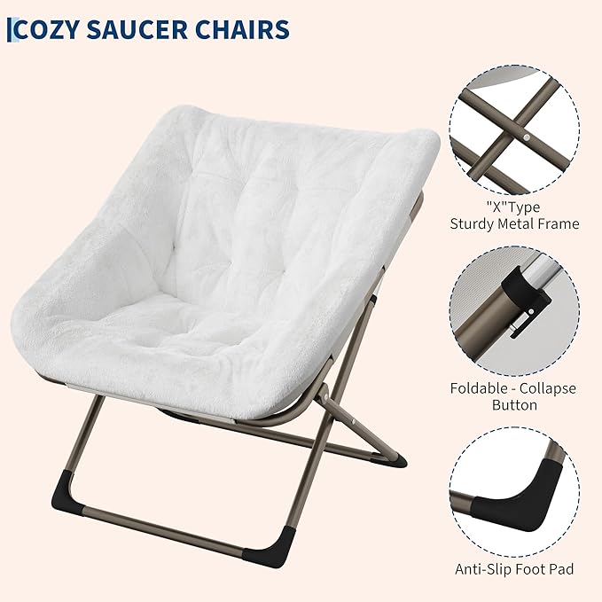 Comfy Chair for Adults, Foldable Living Room Chairs, Soft Faux Fur Folding Lounge for Bedroom Living Room Dorm Rooms, Flexible Reading Chair for Teens (2, White, X-Large)