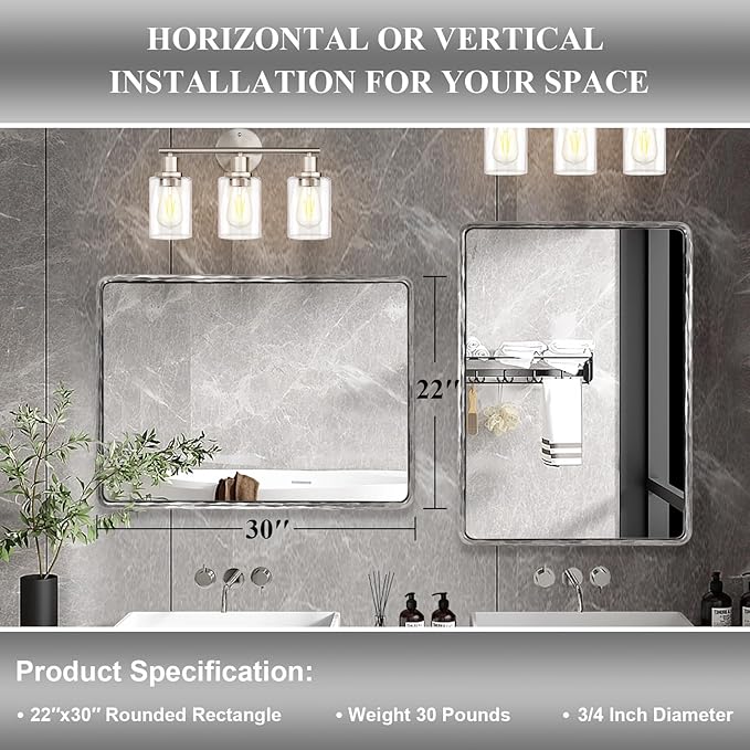 ANDY STAR Hand-Forged Silver Bathroom Mirrors for Wall, 22x30 Inch Vintage Solid Steel Metal Frame Bathroom Vanity Mirror, Antique Rounded Rectangle Wall Mirror, Hangs Horizontally or Vertically