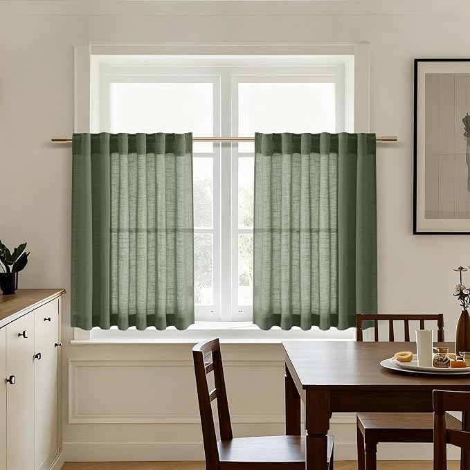Nanspring Olive Green Cafe Linen Curtains 24 Inch Length 2 Panels Semi Sheer - Image 5