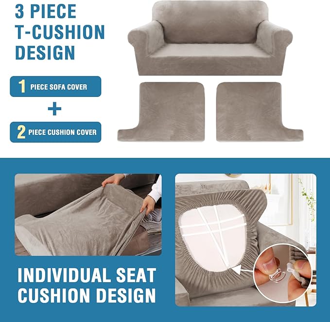 H.VERSAILTEX Sofa Cover 3 Piece T Cushion Loveseat Slipcovers Thick Velvet Couch Cover Furniture Protector Stretch T Cushion Sofa Covers for 2 Cushion Couch with 2 T Cushion Covers Washable, Taupe