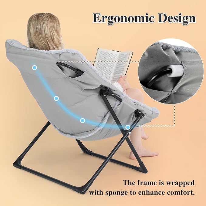 Comfy Saucer Chair for Adults, Soft Faux Fur Bedroom Chair with Ottoman, Accent Dorm Chairs, Living Room Reading Chairs and Footstool, Folding Lounge Seat for Teens, X-Large, Grey