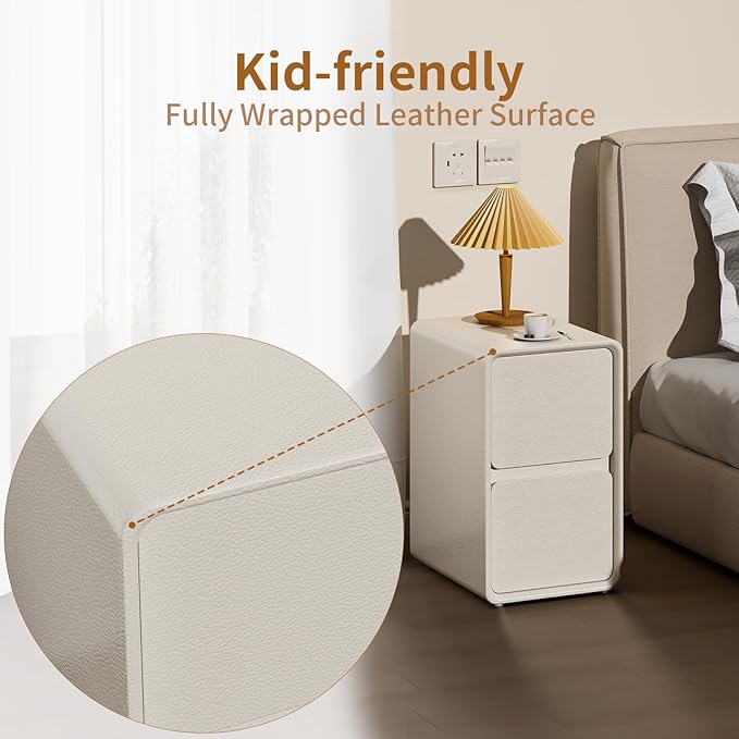 VICITON Modern Narrow Faux Leather Nightstand, Solid Wood Drawer, Storage Accent Table, Small Side End Table for Bedroom (Cream White, Nomal(12 inch))