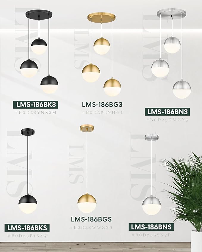 LMS 6-inch Brushed Gold Pendant Light Fixtures, Mid Century Pendant Light Fixtures with White Globe Glass, Adjustable Hanging Cord Ceiling Light Fixtures for Dining Room Bathroom, LMS-186BGS