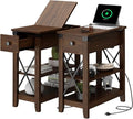 Narrow End Table with Charging Station - Farmhouse Slim Side Table Set of 2, w/USB Ports Power Outlets, Nightstand w/Flip Top Storage Drawer, for Small Spaces Living Room Bedroom, Walnut