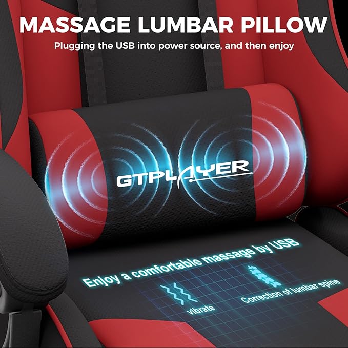 GTPLAYER Gaming Chair, Computer Chair with Footrest and Lumbar Support, Height Adjustable Game Chair with 360°-Swivel Seat and Headrest and for Office or Gaming (RED, Fabric)