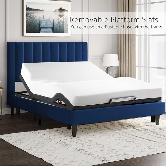 SHA CERLIN King Bed Frame/Velvet Upholstered Platform Bed Frame with Headboard/Strong Wood Slats Support/Mattress Foundation/No Box Spring Needed - Dark Blue