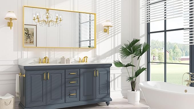 Keonjinn Brushed Gold Bathroom Mirror 60” x 30” Metal Framed Rectangular Wall Mirror Large Farmhouse Bathroom Mirrors Rectangle Gold Wall-Mounted Vanity Mirrors(Horizontal/Vertical)