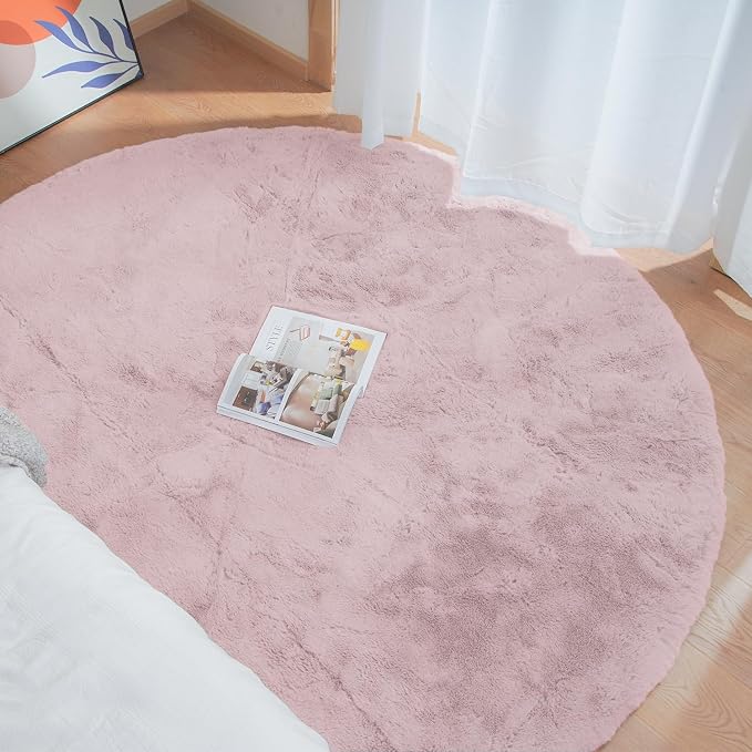 ORINOVA Pink Round Rug 5ft Washable Fluffy Faux Rabbit Fur Area Rugs - Image 2
