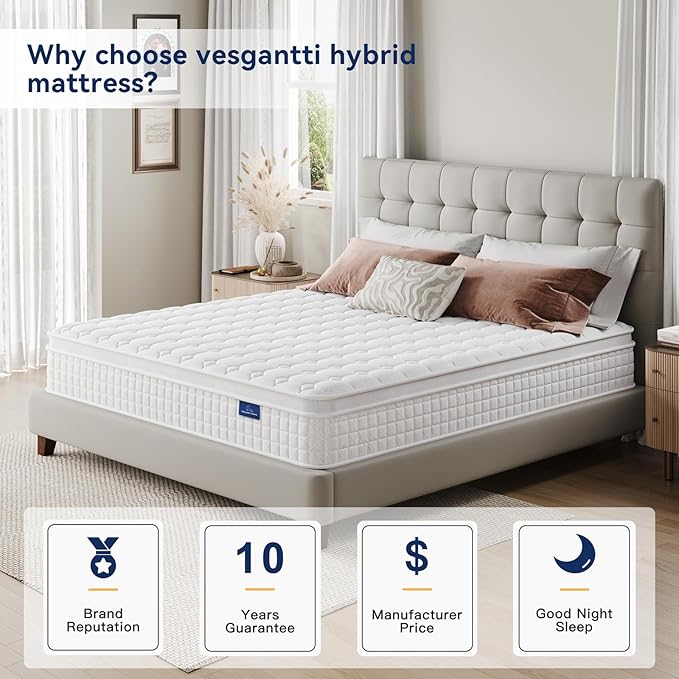 Vesgantti 12 Inch Multilayer Hybrid Twin XL Mattress - Multiple Sizes & Styles Available, Ergonomic Design with Memory Foam and Pocket Spring, Medium Firm Feel, White