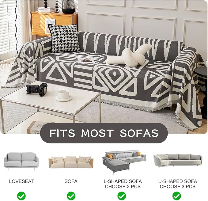 STACYPIK Simple Dark Grey Boho Sofa Cover for Sectional Soft Tassel Chenille Couch Cover for 3 Cushion Couch Reversible Loveseat Cover for Dogs Cats Non-Silp Furniture Cover Multi-Use Blanket-91x134IN
