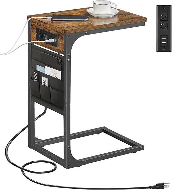 TUTOTAK C Shaped End Table with Charging Station, Side Table for Sofa, Couch Table with Storage Bag, TV Tray with 2 USB Ports and Outlets for Living Room, Bedroom, Brown TB01BB024