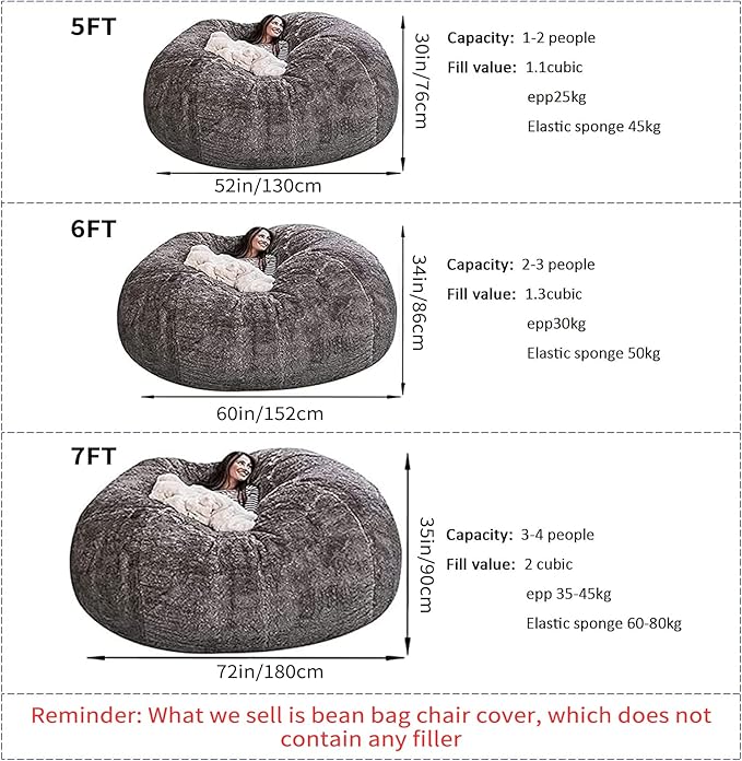 Giant Fur Bean Bag Chair Cover for Kids Adults, (No Filler) Living Room Furniture Big Round Soft Fluffy Faux Fur Beanbag Lazy Sofa Bed Cover (Light Grey, 7FT)