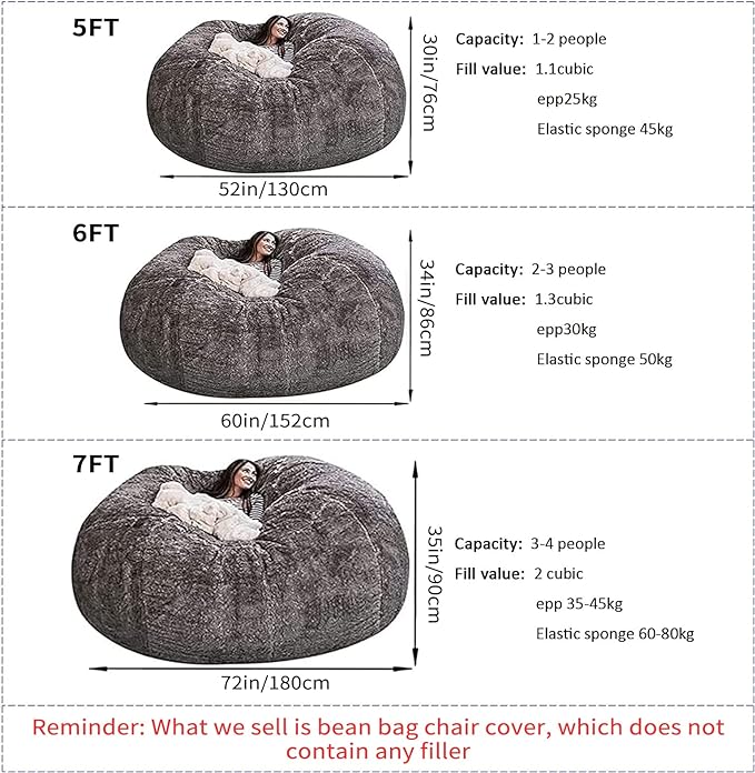 Giant Fur Bean Bag Chair Cover for Kids Adults, (No Filler) Living Room Furniture Big Round Soft Fluffy Faux Fur Beanbag Lazy Sofa Bed Cover (Light Pink, 5FT)