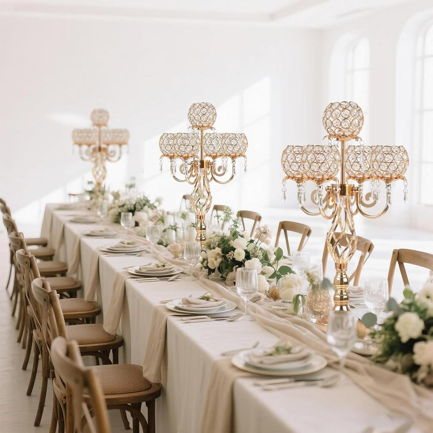 5-Arm Crystal Candelabra Centerpiece 23.2" Tall - Elegant Candle Holder Stand with Crystal Bowl, Chic Table Decor for Weddings, Parties, Anniversary & Home Decoration (4, Gold)