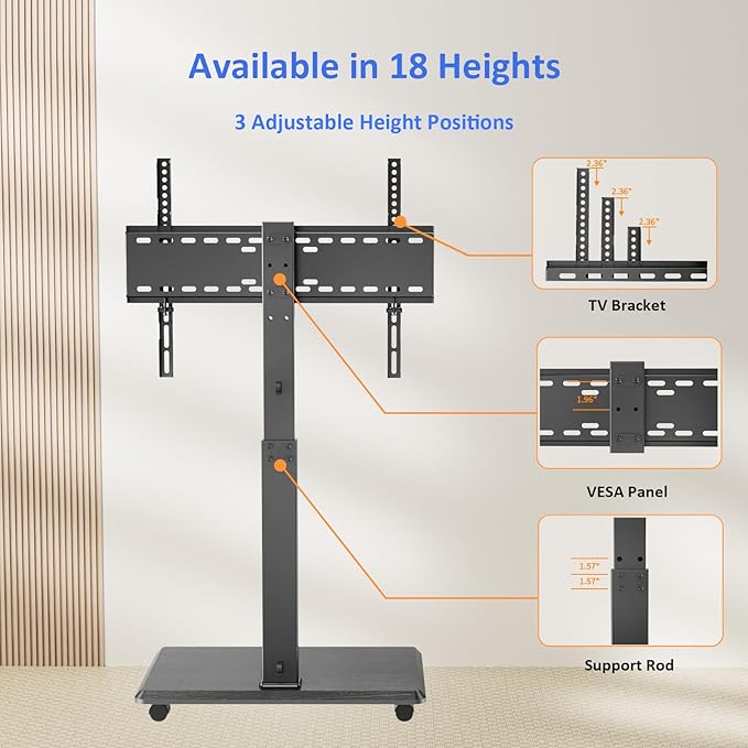 Rolling TV Stand, Portable Mobile TV Stand for 32-75 Inch TVs up to 110 lbs, 18 Adjustable Heights, Max VESA 600x400mm, Rolling TV Cart on Wheels with Mount for Bedroom, Office, Outdoor