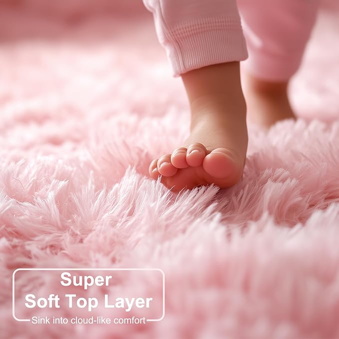 Pink Round Area Rugs 6Ft for Bedroom Living Room, Big Fluffy Shag Circle Rug - Image 3