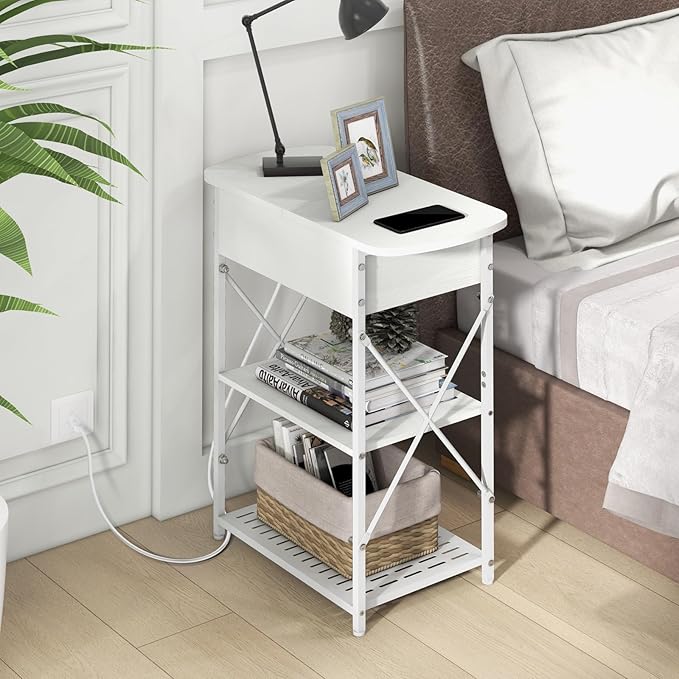 Narrow End Table with Charging Station, Side Tables Set of 2 for Small Spaces, Flip Top End Table with Storage, End Tables Living Room, Nightstand Set 2 with Drawer for Bedroom, White