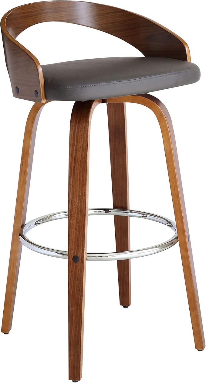 Armen Living Sonia 30" Bar Height Swivel Gray Faux Leather and Walnut Wood Bar Stool - Set of 4