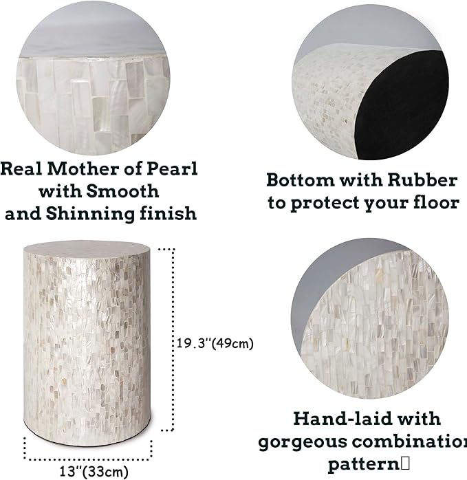 PEMAR Mother of Pearl Cylinder Drum End Table Nacre Side Stool Round Accent Table Coffee Bedside Nightstand and Vanity Stool (Pearl White & Cream)