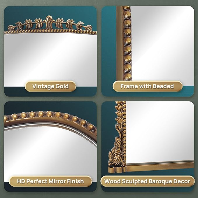 36"x23" Vintage Baroque Mirror - Ornate Antique Brass & Wood Frame, Handcrafted Arched Wall Mirror for Entryway, Living Room, Fireplace Mantel, Bathroom or Hallway Decor