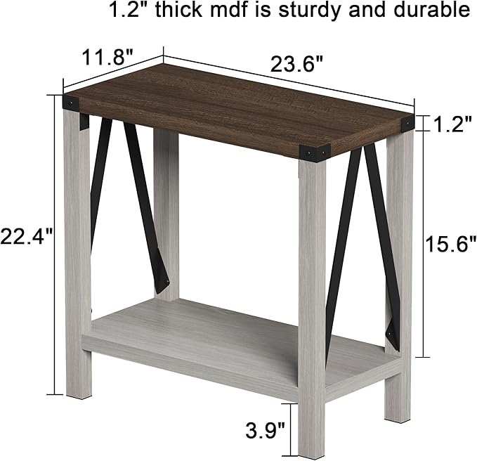 ChooChoo Farmhouse End Table for Small Spaces, Narrow Side End Table with Storage Shelf, Rustic A-Design Nightstand Sofa Table for Living Room, Bedroom (White & Brown)