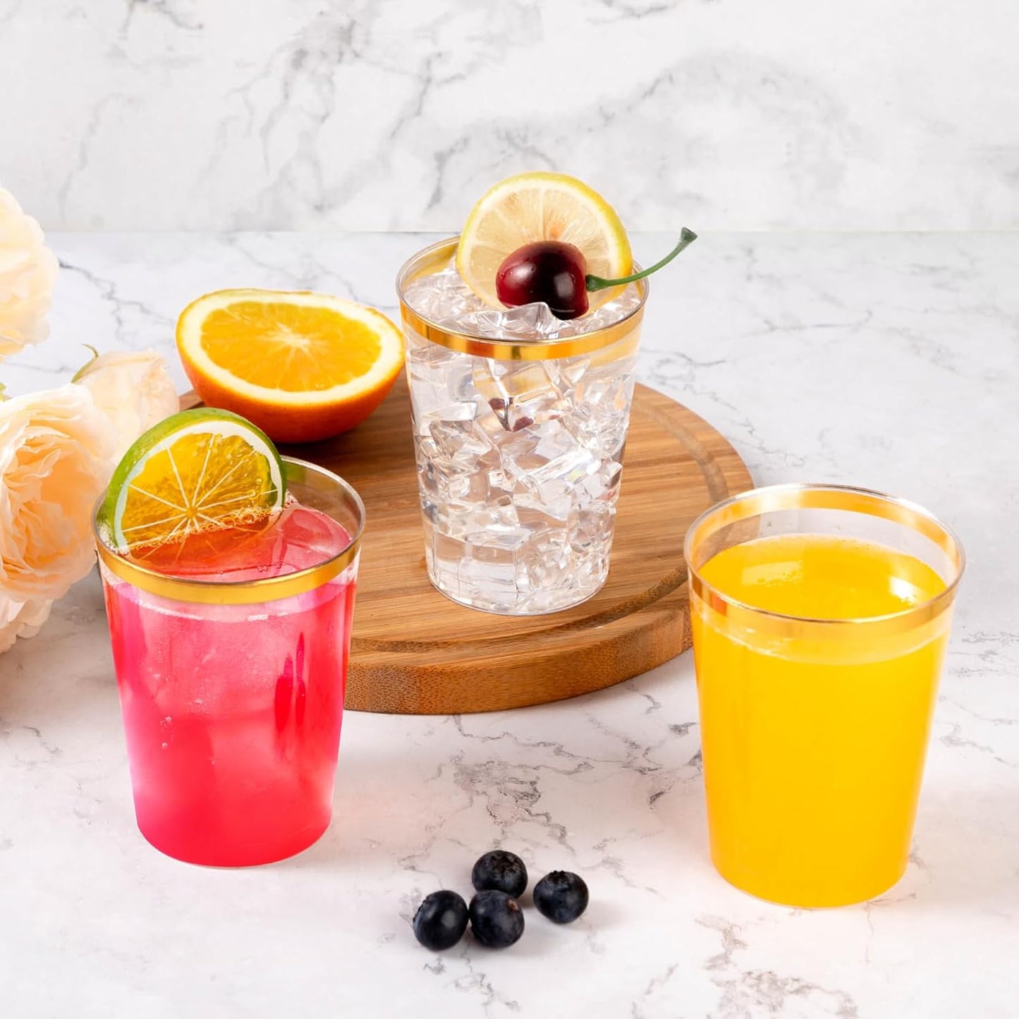 Goodluck 50PCS 10oz Gold Plastic Cups for Party, Disposable Gold Rim Cups, Plastic Cocktail Glasses for Wedding Thanksgiving, Christmas, and Parties