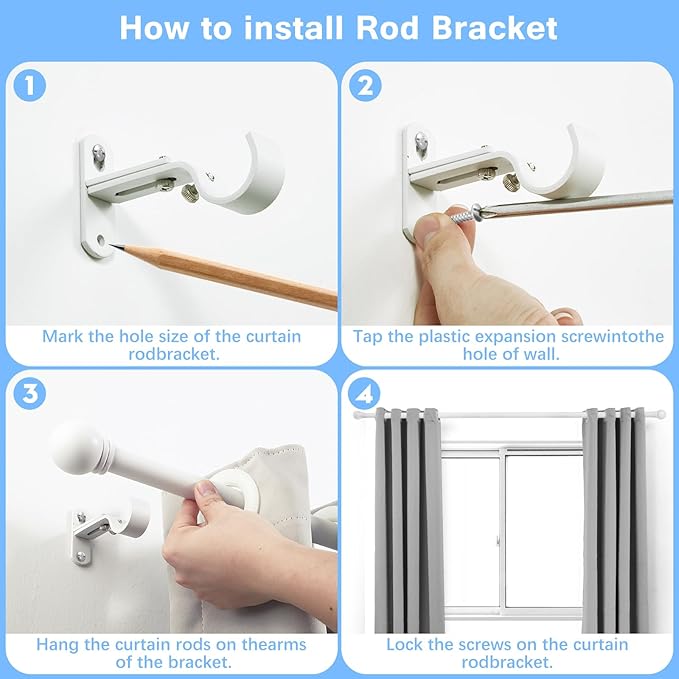 Curtain Rods for Windows 16 to 48 Inches, Curtain Rod Max Adjustable Length of 60 IN, 1" Diameter Drapery Rods Round Finials, White, Pack of 1