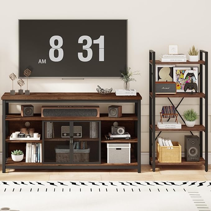 BON AUGURE Tall TV Stand for TVs up to 65 Inch, Industrial Wood Entertainment Center with Storage Cabinet, Farmhouse TV Media Console for Living Room and Bedroom (32 Inch High, Rustic Oak)