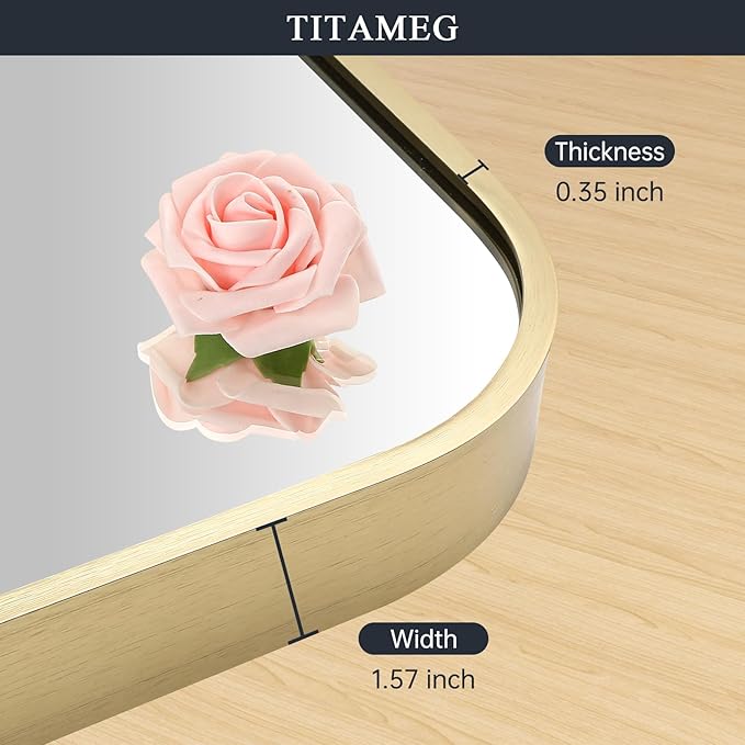30x40 Inch Bathroom Mirror for Wall,Gold Framed Rectangle Mirror with Rounded Corner,Aluminum Alloy Framed Brushed Wall Mirror for Bedroom or Living Room,Vertical or Horizontal