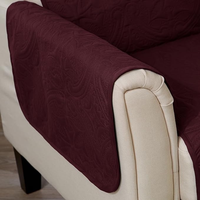 Medallion Stitched Solid Furniture Protector Stain Resistant Durable Furniture Protector Elenor Collection (Sofa, Wine/Light Grey)